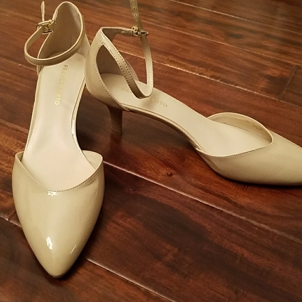 Franco Sarto Beige Patent Ankle Strap Pumps